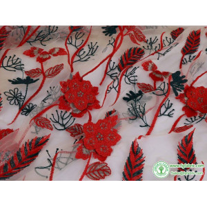 Red flower grass embroidery lace fabric beige netting fabric sold by the yard