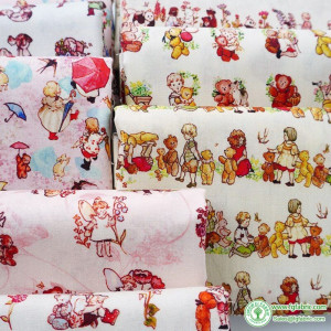 Pure Cotton Fabric Cartoon Bear Girl Pastoral Flowers Digital Printing Handmade DIY by Half Meter